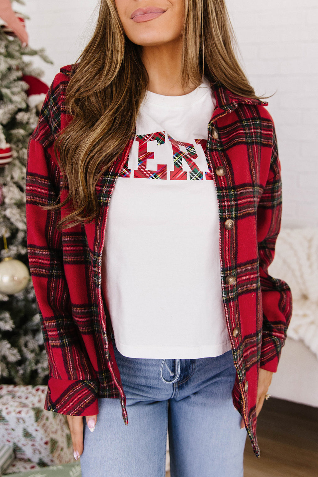 Red Plaid Button Front Shacket