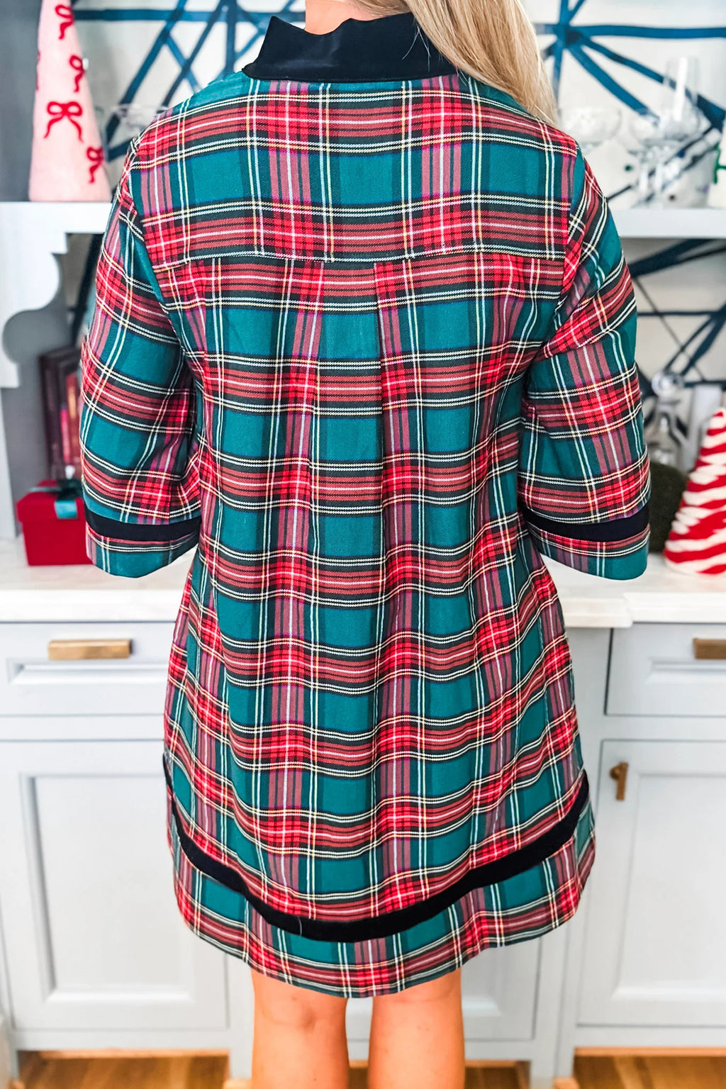 Green Plaid Velvet Trim Pockets Short Shift Dress