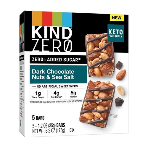 Kind Zero Added Sugar Bars, Dark Chocolate Nuts And Sea Salt, Keto Friendly Snacks, Gluten Free, 5G Protein, 5 Count