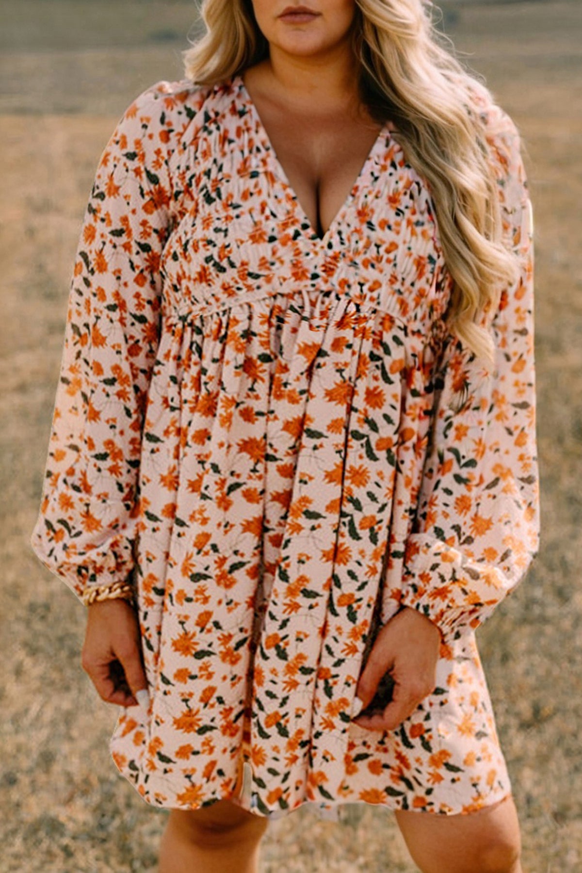 Beige Plus Size Floral Print V Neck Long Sleeve Babydoll Short Dress