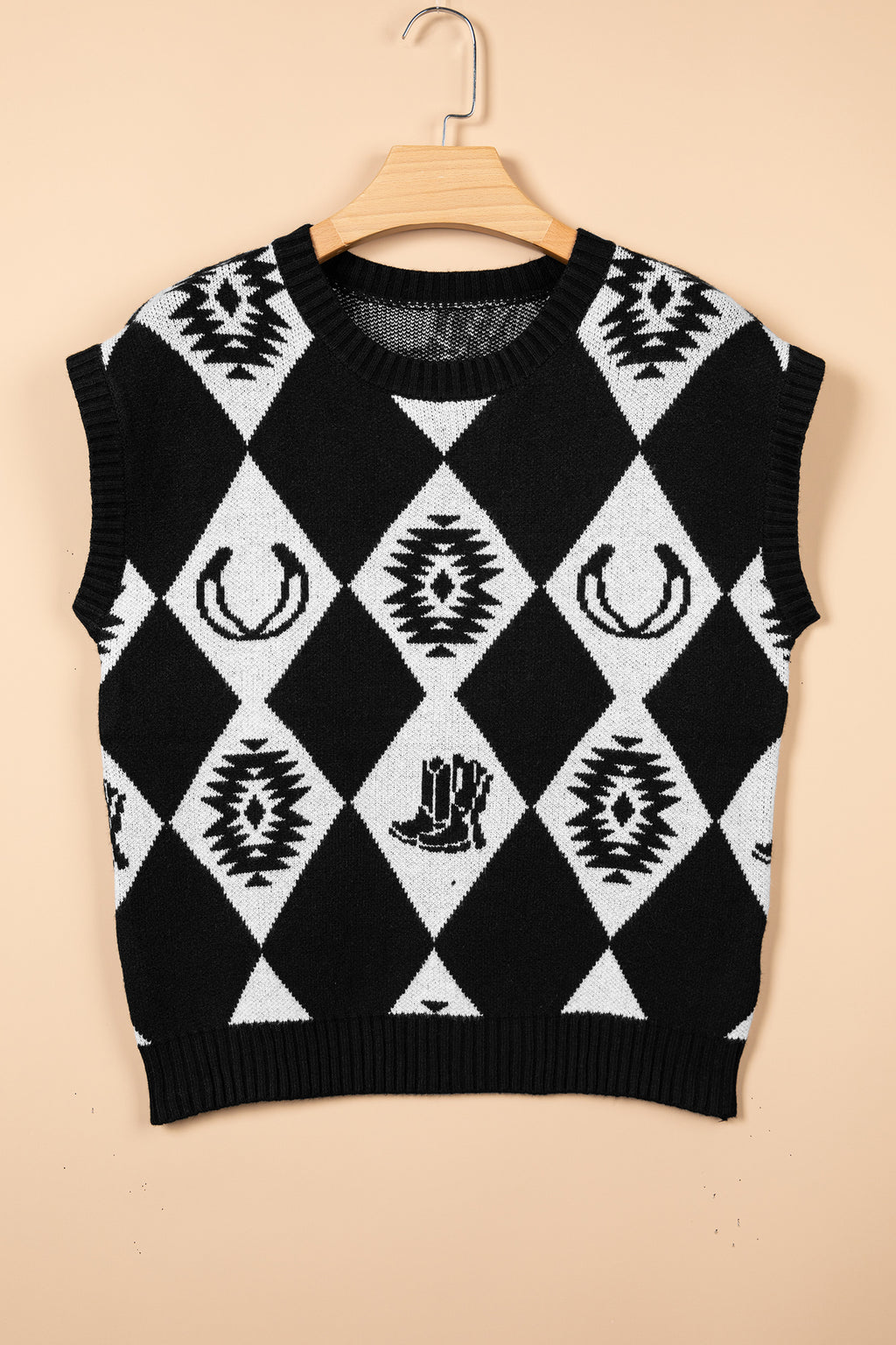 Black Retro Rhombus Western Print Drop Shoulder Short Sleeve Sweater