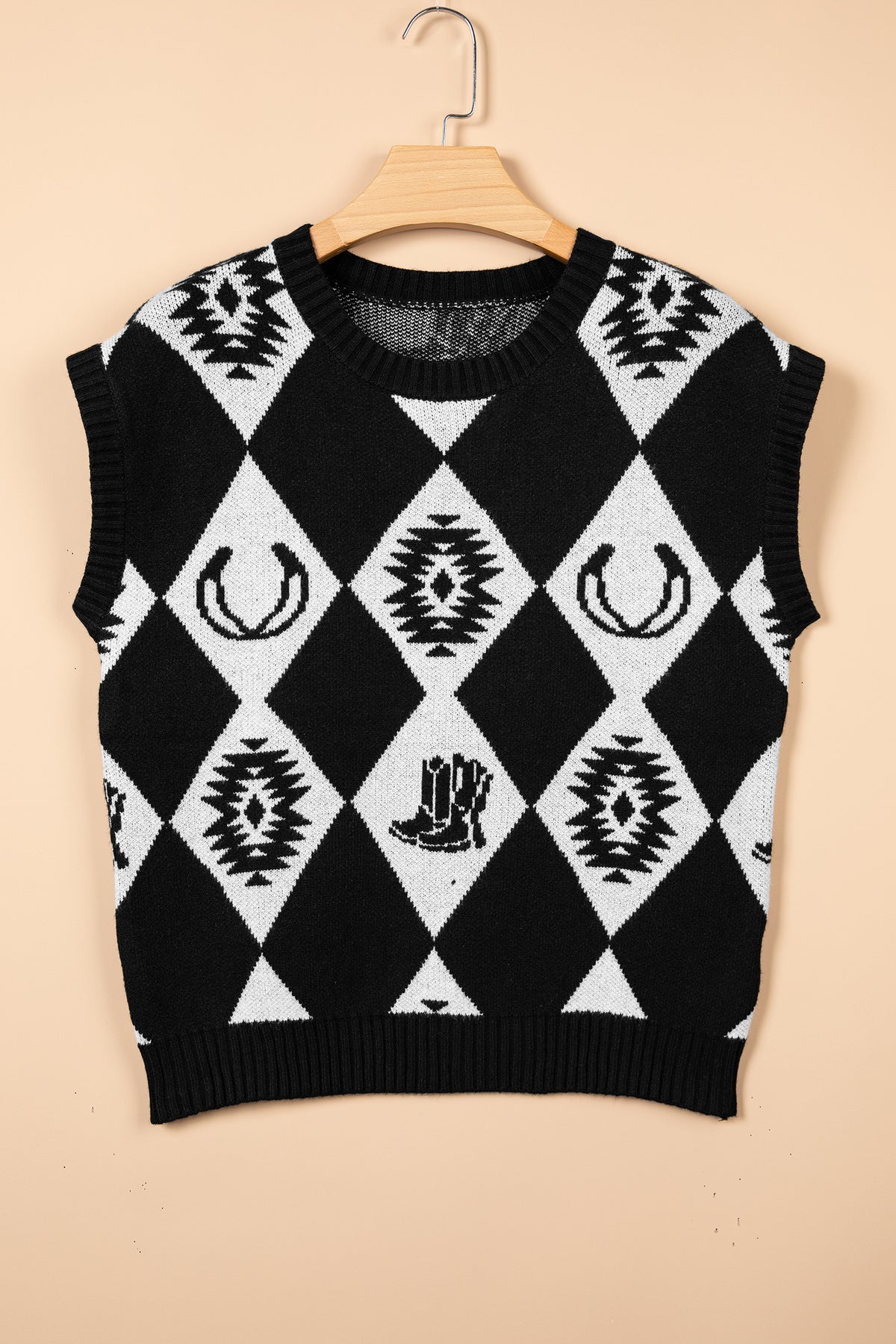 Black Retro Rhombus Western Print Drop Shoulder Short Sleeve Sweater
