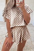 Brown Checkerboard T Shirt and High Waist Skorts 2 Piece Outfit