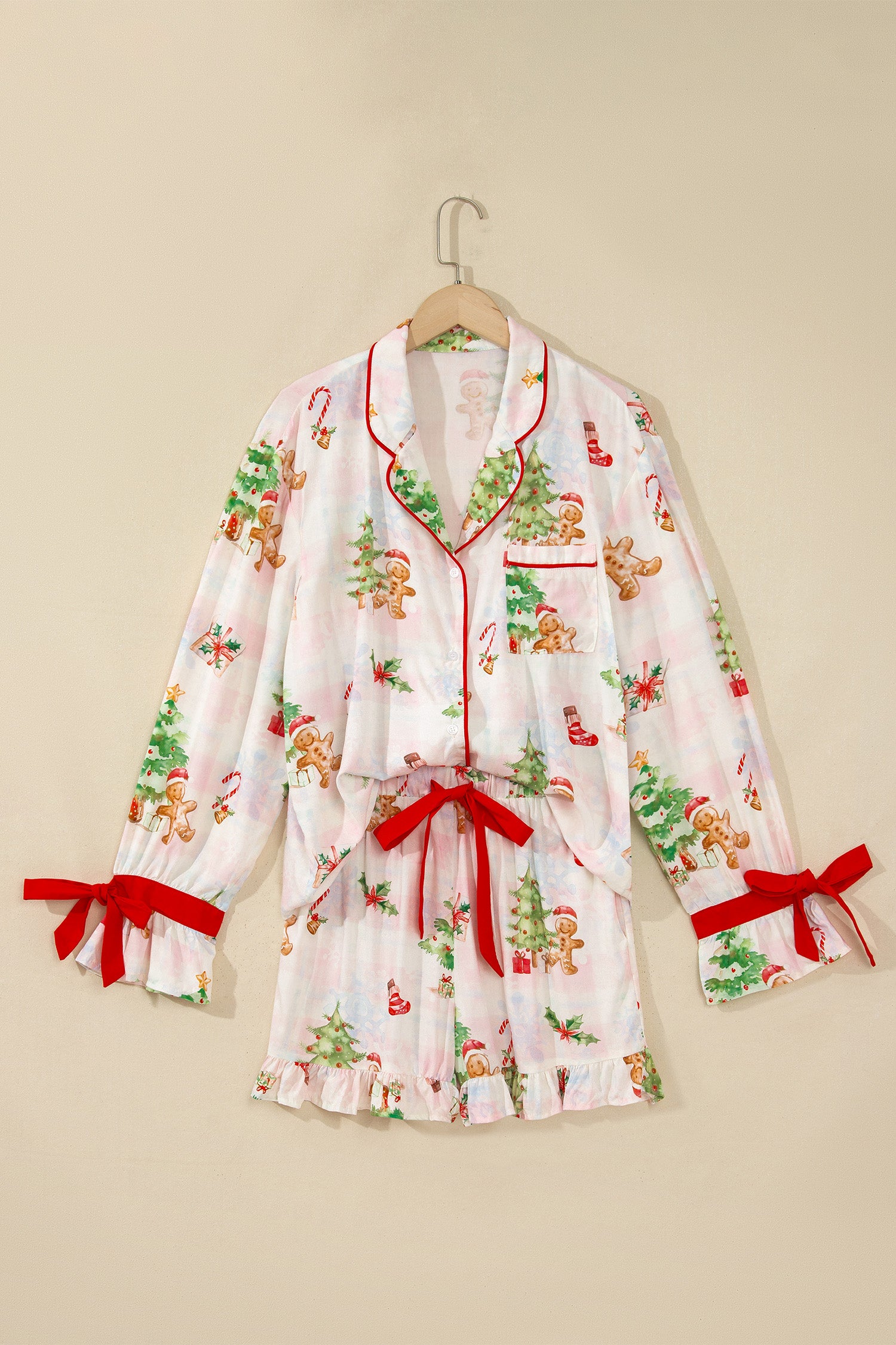 Pink Abstract Christmas Print Long Sleeve Two Piece Shift Lounge Set