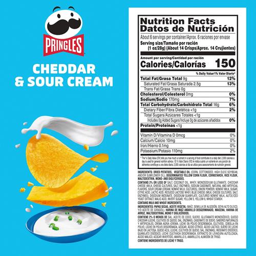 Pringles Potato Crisps Chips, Lunch Snacks, On-The-Go Snacks, Cheddar And Sour Cream, 5.5Oz Can (One Can)