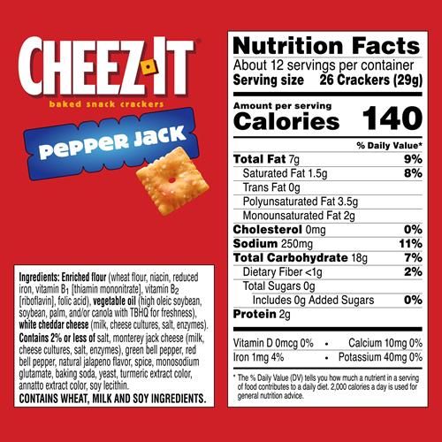 Cheez-It Cheese Crackers, Baked Snack Crackers, Office And Kids Snacks, Pepper Jack, 12.4Oz Box (1 Box)