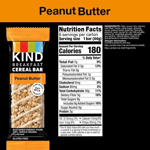 Kind Breakfast Cereal Bars, Peanut Butter, Healthy Snacks, Gluten Free, 100% Whole Grains, 3G Protein, 6 Count