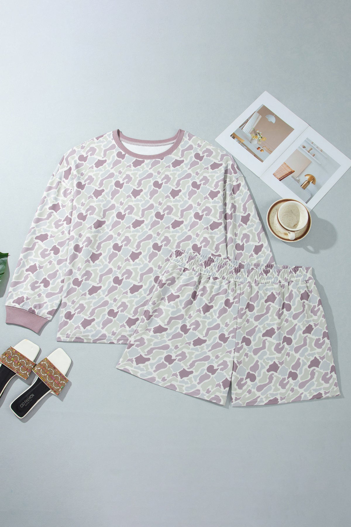 Green Camouflage Print Waffle Textured Pullover and Shorts Plus Size 2pcs Set