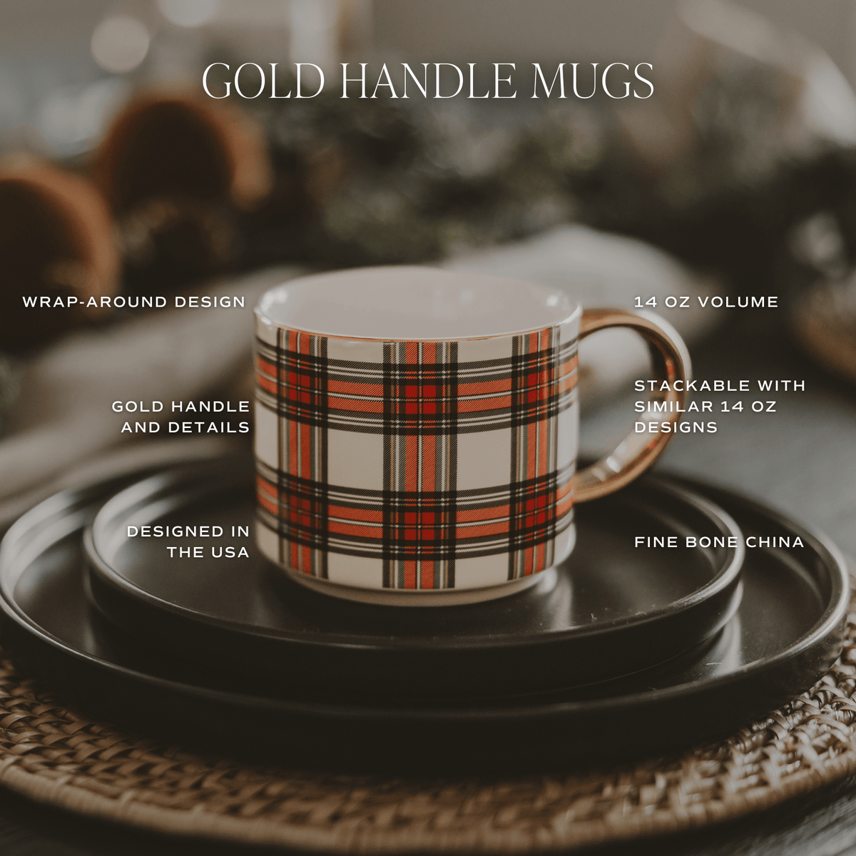 Red Plaid 14 oz Gold Handle Coffee Mug