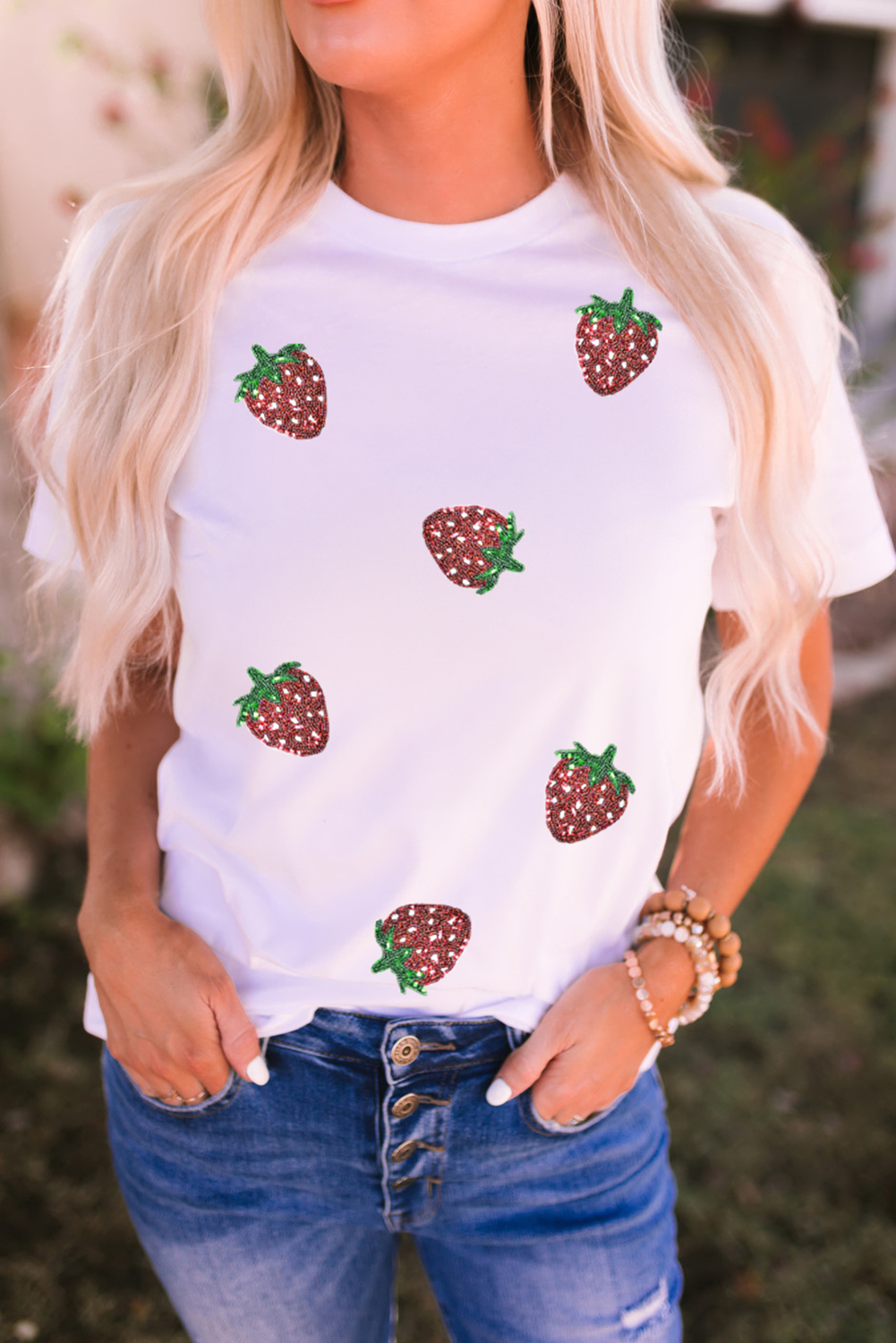 White Sequin Strawberry Patched Crew Neck T Shirt