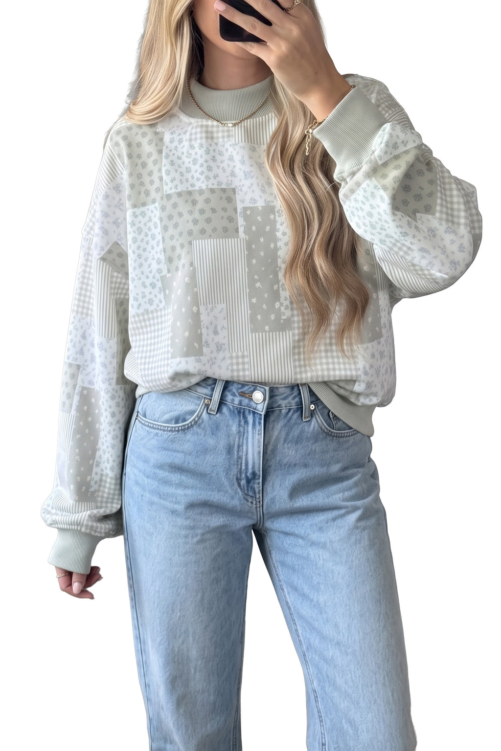 Khaki Patchwork Floral Print Mock Neck Long Sleeve Sweatshirt