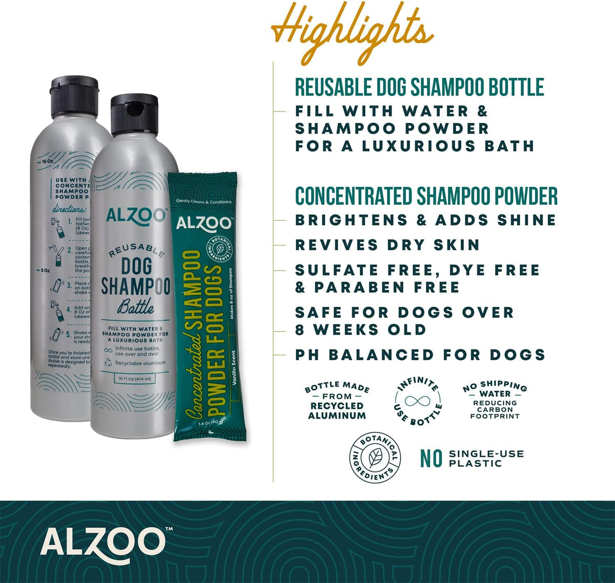 Alzoo Dog Puppy Vanilla Scent Concentrate Shampoo Makes 32oz No Waste Recycable Reusable