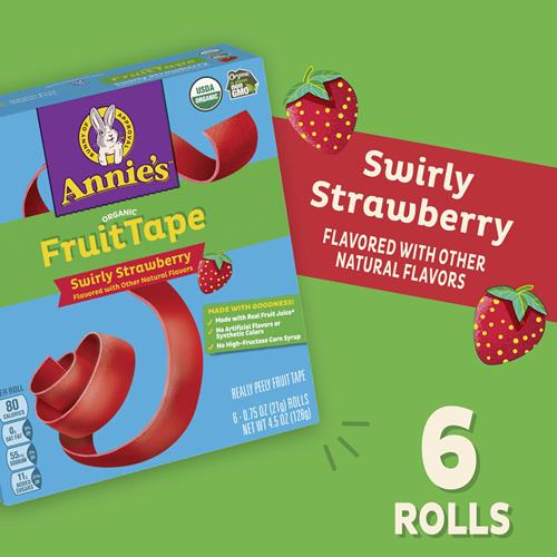 Annies Organic Fruit Tape, Swirly Strawberry, Non-Gmo And Organic Fruit Flavored Snacks, 6 Rolls, 4.5 Oz