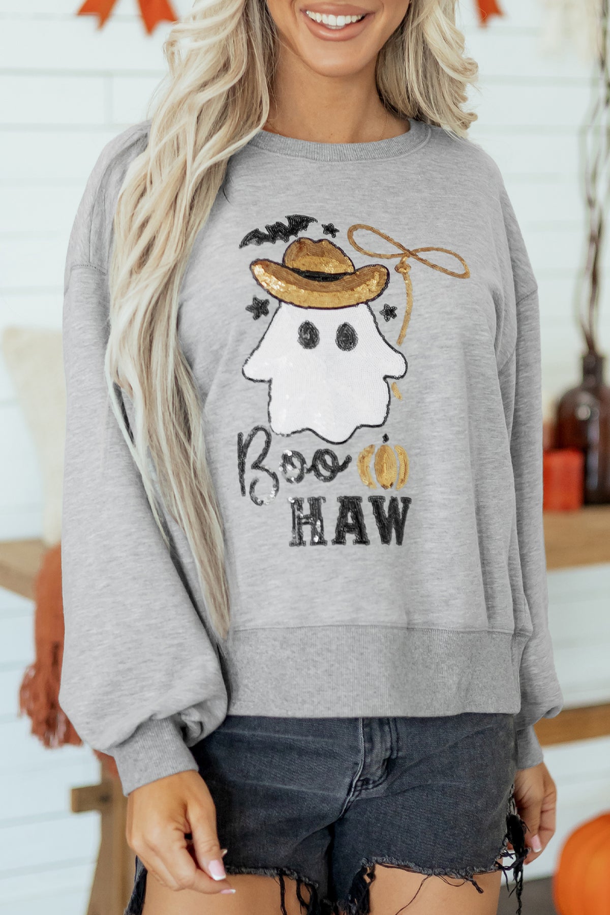 Medium Grey Sequin Western Ghost Print Long Sleeve Round Neck Sweatshirt
