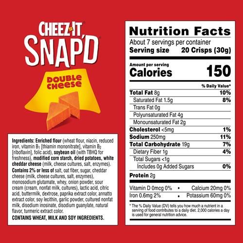 Cheez-It Snapd Cheese Cracker Chips, Thin Crisps, Lunch Snacks, Double Cheese, 7.5Oz Bag (1 Bag)