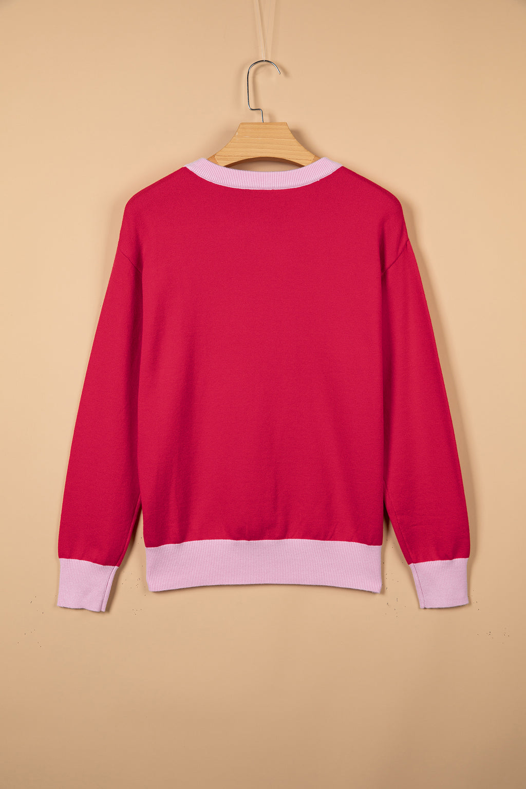 Red Drop Shoulder Round Neck Letter Print Colorblock Sweater