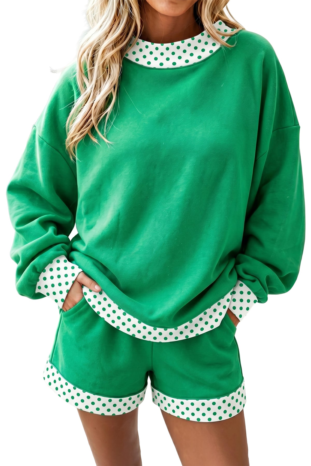 Racing Red Polka Dot Trim Baggy Pullover 2pcs Short Set