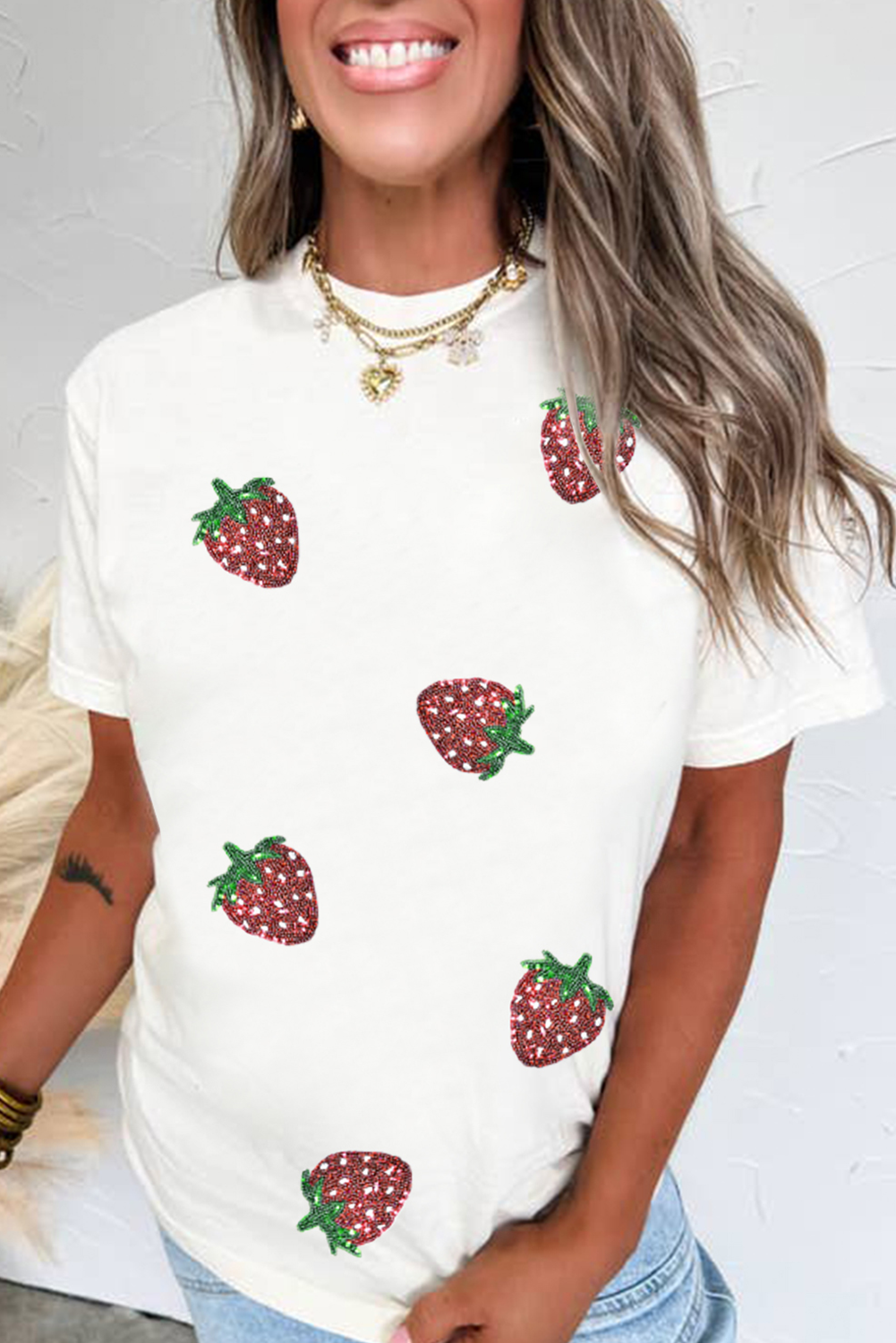 White Sequin Strawberry Patched Crew Neck T Shirt