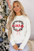 White Christmas Wreath Pattern Round Neck Casual Sweater