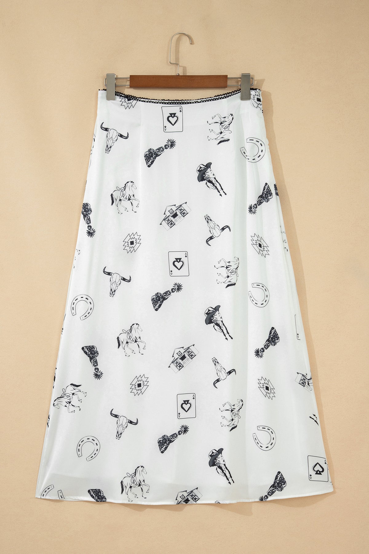 Beige Western Print Satin Long Skirt