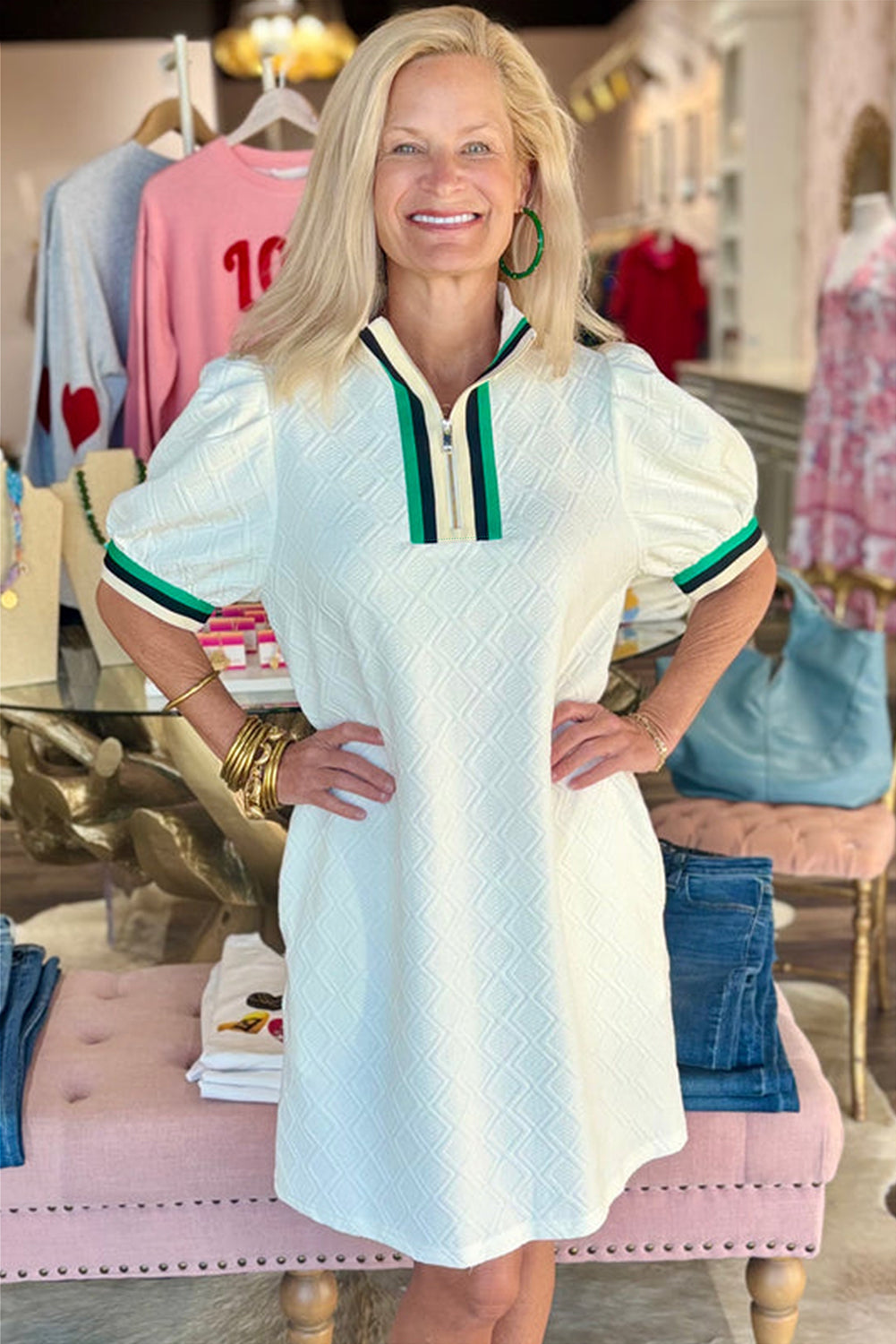 White Textured Jacquard Colorblock Edge Puff Sleeve Quarter Zip Mini Dress