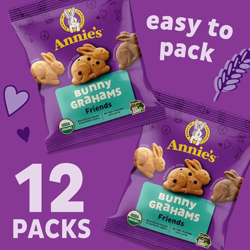 Annies Organic Friends Bunny Grahams, Chocolate Chip, Chocolate, And Honey Baked Graham Snacks, 12 Pouches, 12 Oz