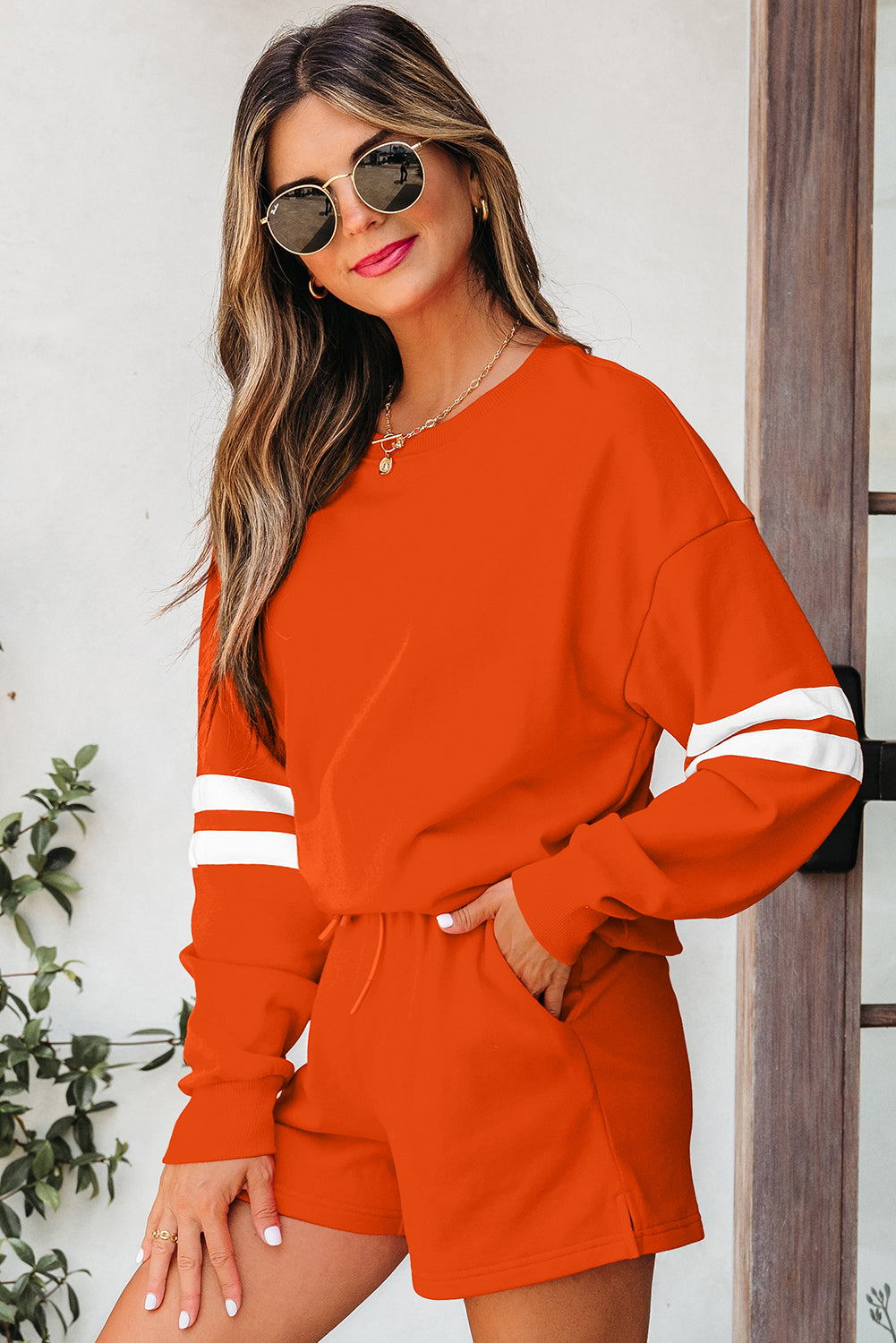Evergreen Varsity Striped Sleeve Drop Shoulder Sweatshirt and Short Set