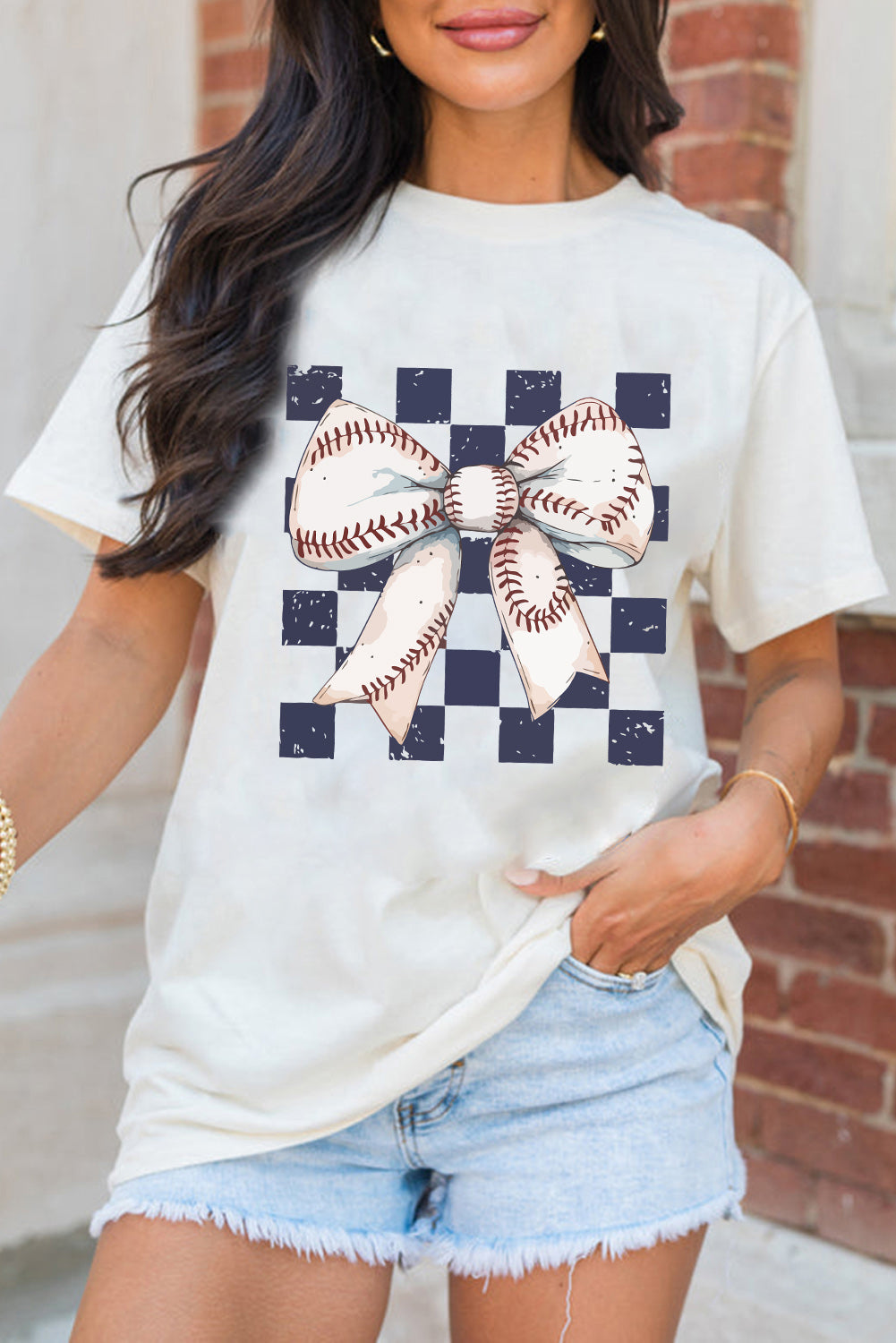 White Checkered Rugby Bowknot Graphic Crew T Shirt