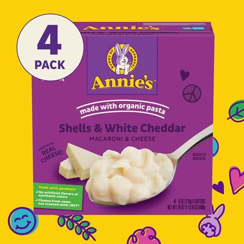 Annies Shells And White Cheddar Mac And Cheese With Organic Pasta, Dinner Side Or Snacks, 4 Ct, 24 Oz