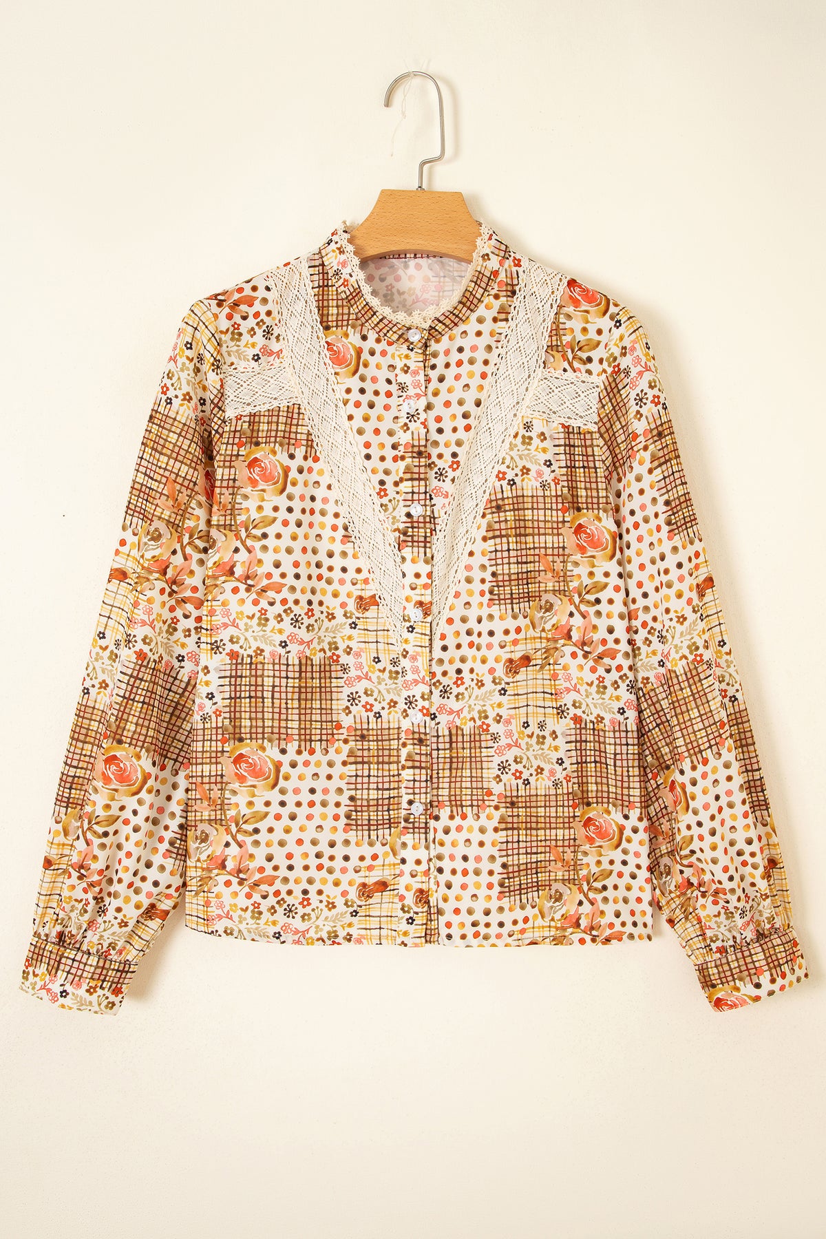 Brown Floral Lace Trim Button Down Long Sleeve Shirt