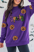 Tillandsia Purple Sequin Pumpkin Spooky Graphic Halloween Pullover Sweatshirt