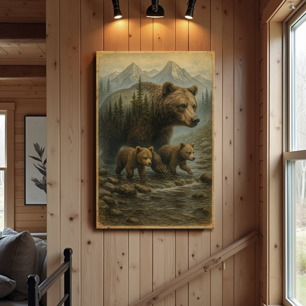 Mother Bear and Cubs Crossing Double Exposure Wall Art