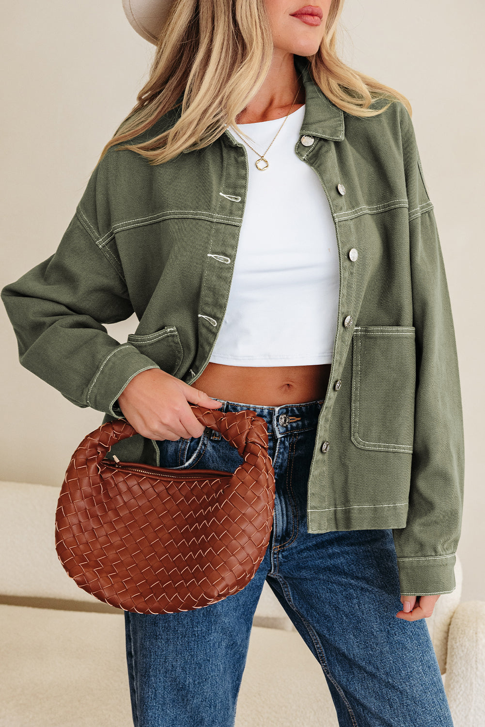 Smoke Green Patched Pocket Collared Button Front Boyfriend Denim Jacket