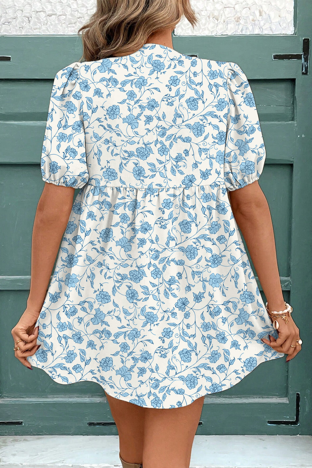 Sky Blue Leopard Contrast Bow Puff Sleeve Mini Dress
