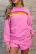 Bonbon Striped Accent Pullover and Shorts Two Piece Casual Set