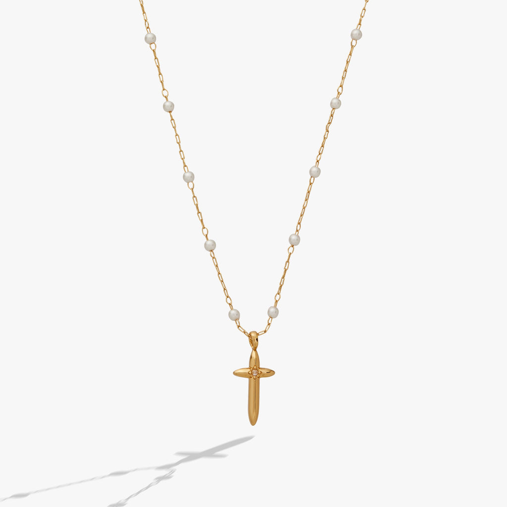 Cross 4:13 Pearl Rosary Chain Pendant Necklace