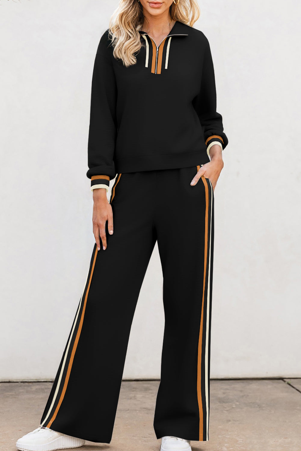 Black Striped Patchwork Quarter Zip Pullover Loose Pant Set