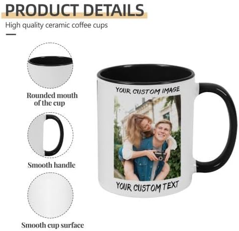 Personalized Coffee Cup with Photo, Logo or Text - Custom Both Sides Printed Mug for Him & Her - Unique Customized Gifts with Names - White/Black