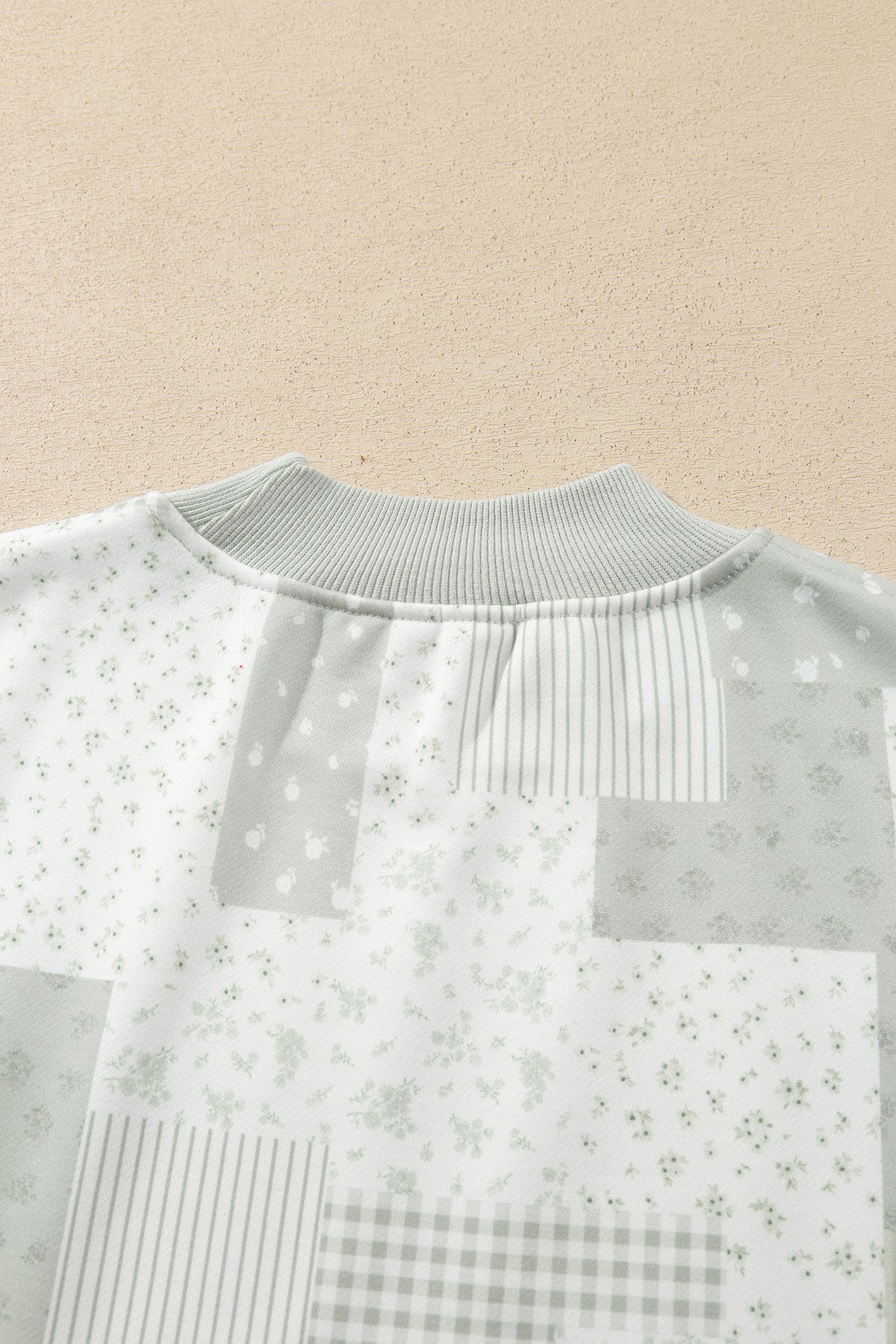 Khaki Patchwork Floral Print Mock Neck Long Sleeve Sweatshirt