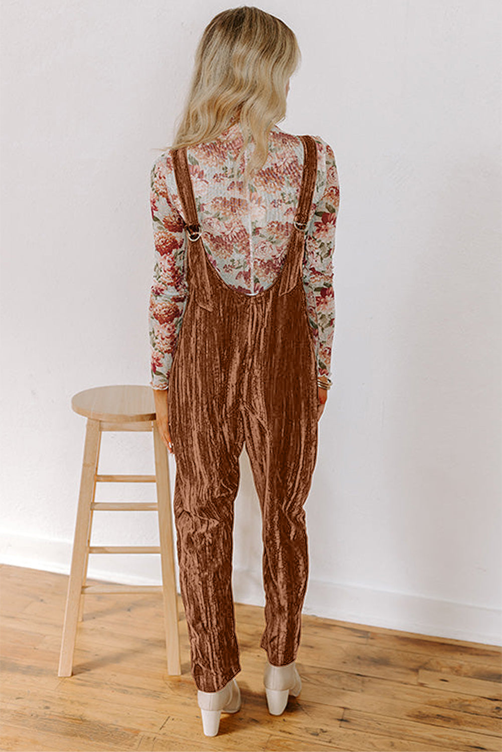 Chicory Coffee Velvet Adjustable Straps Patched Pocket Sleeveless Jumpsuit
