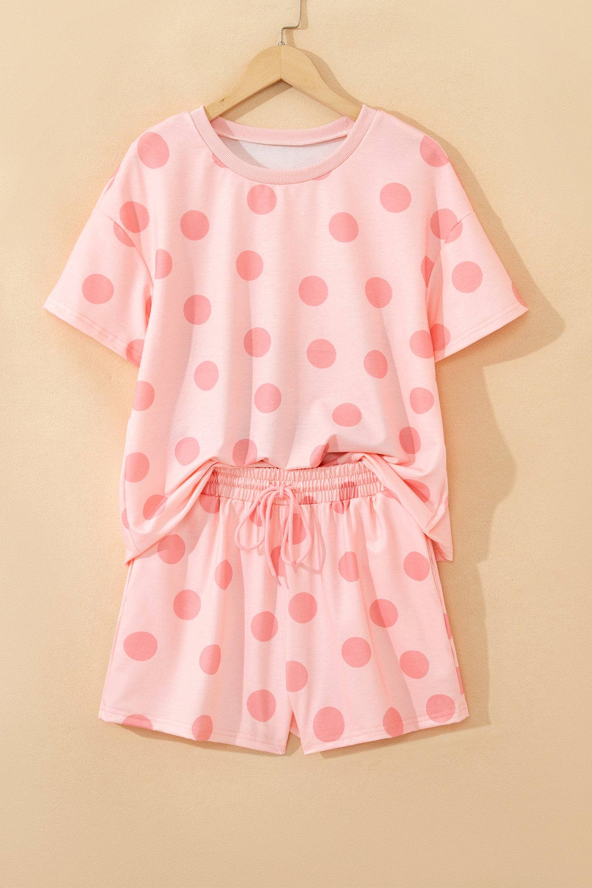 Pink Polka Dot Print Loose Tee Drawstring Elastic Waist Short Set