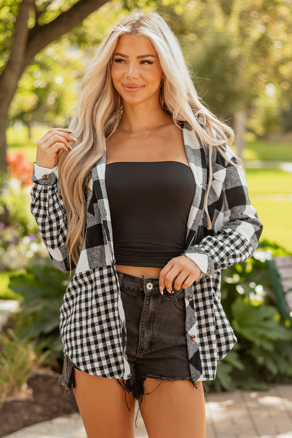 Black Double Plaid Patchwork Drawstring Hooded Shacket