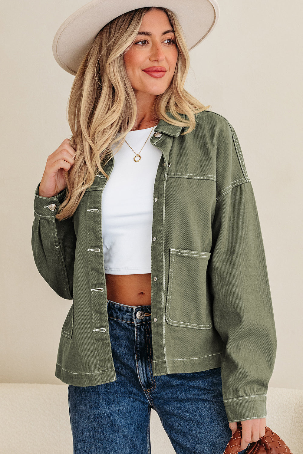 Smoke Green Patched Pocket Collared Button Front Boyfriend Denim Jacket