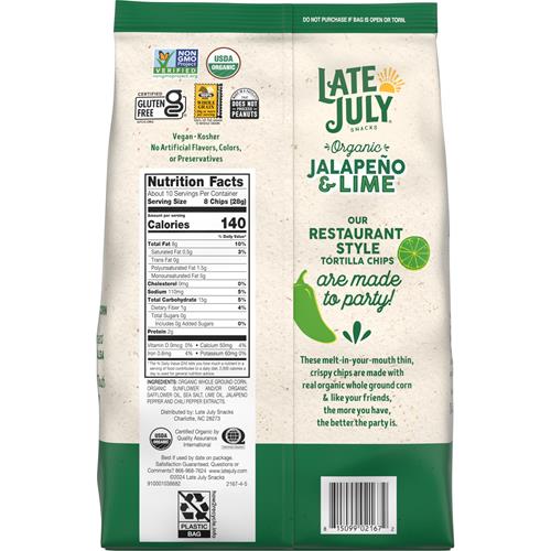 Late July Snacks, Thin And Crispy Organic Tortilla Chips, Jalapeño & Lime, 10.1-Oz. Bag
