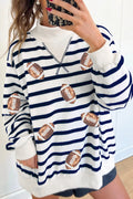 Blue Stripe Sequin Rugby Print Mock Neck Casual Sweatshirt