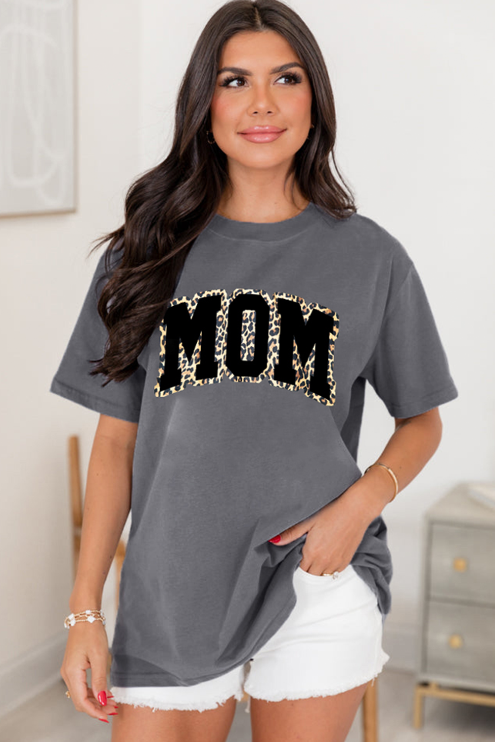 Gray Leopard MOM Graphic Crewneck Mothers Day T Shirt