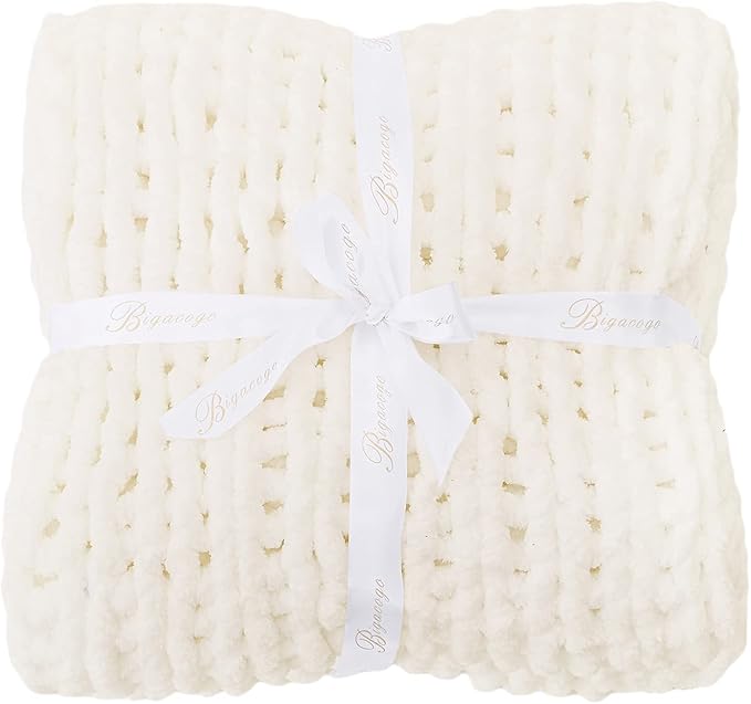 Bigacogo Chunky Knit Throw Blanket for Couch, 40x80 inches, 100% Hand Knitted with Thick Jumbo Chenille Yarn, Cozy Soft Large Rope Knot Cable Crochet Blankets for Sofa Bed Living Room, Ivory