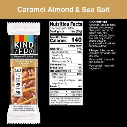Kind Zero Added Sugar Bars, Caramel Almond & Sea Salt, Keto Friendly Snacks, Gluten Free, 5G Protein, 5 Count