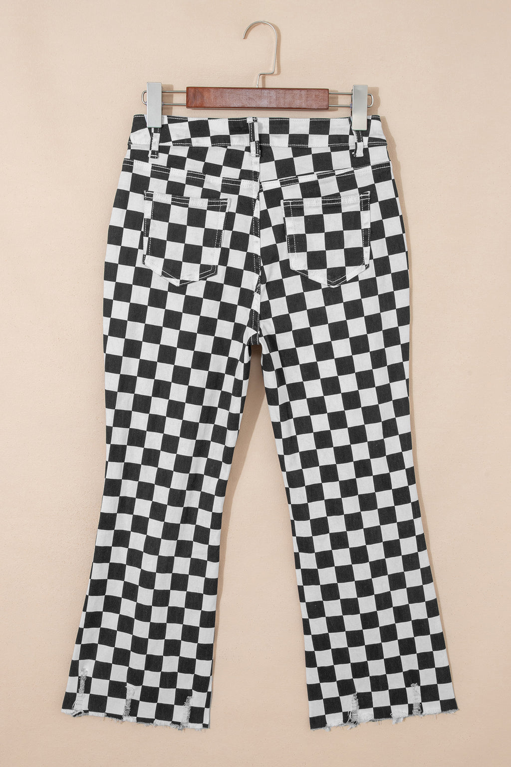Black Checkerboard Print Distressed Holes Raw Edge Cropped Jeans