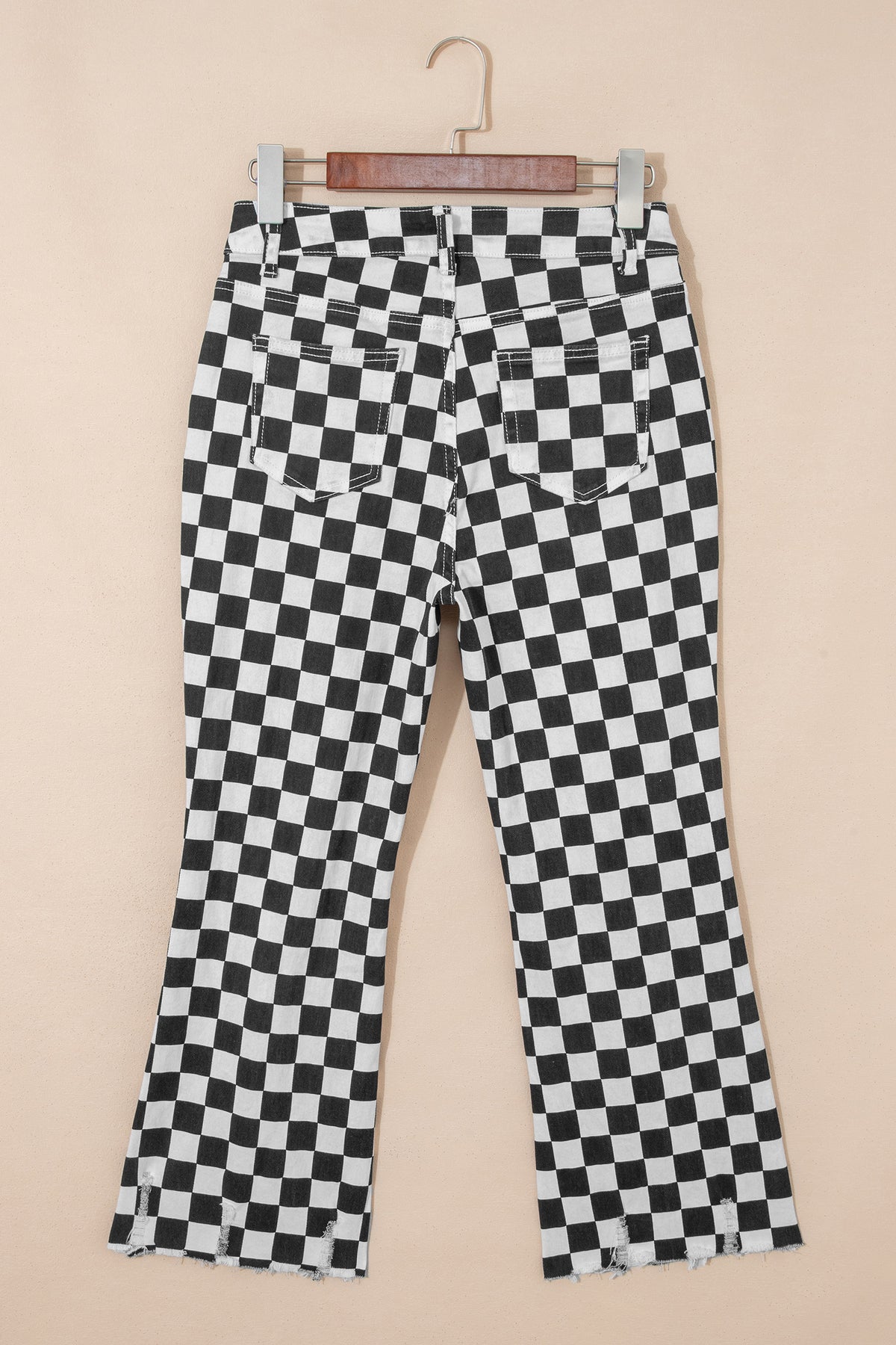 Black Checkerboard Print Distressed Holes Raw Edge Cropped Jeans